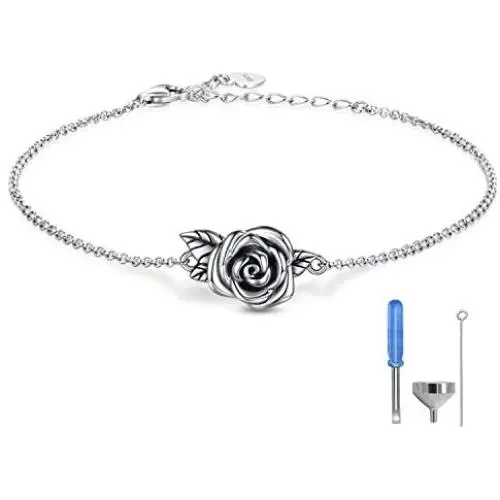 MANBU Rose Cremation Urn Jewelry for Ashes - 925 Sterling Silver Memorial Keepsake Ring Bracelet Necklace Gift for Women, Bereavement Gift for A Loss of The Loved One