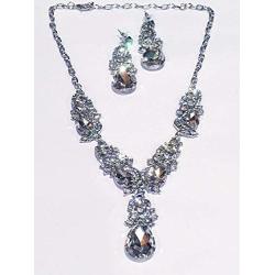 Silver Tone Antique Style Art Deco Clear Crystal Rhinestone Statement Wedding Bridal Prom Chunky Statement Earrings Necklace Gift Set