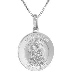 Sterling Silver St Joseph & Baby Jesus Medal Necklace 3/4 inch Round Italy 0.8mm Chain