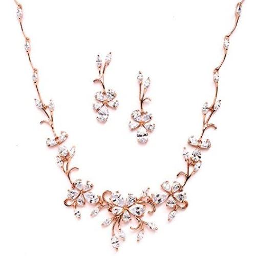 Mariell Elegant Vine Rose Gold Necklace and Earrings Set for Weddings, Brides & Formals