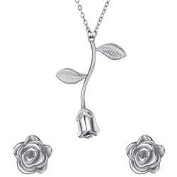 BriLove Womens 925 Sterling Silver Vintage Rose Pendant Necklace Stud Earrings Jewelry Set