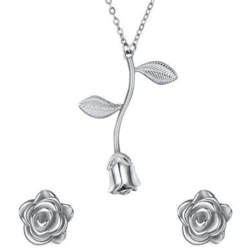 BriLove Womens 925 Sterling Silver Vintage Rose Pendant Necklace Stud Earrings Jewelry Set