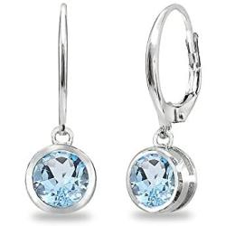 Sterling Silver Genuine or Synthetic Gemstone 6mm Round Bezel-Set Dangle Leverback Earrings