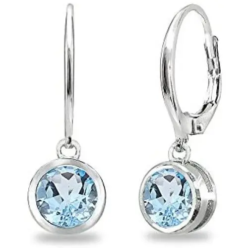 Sterling Silver Genuine or Synthetic Gemstone 6mm Round Bezel-Set Dangle Leverback Earrings