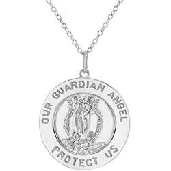 925 Sterling Silver Guardian Angel Round Medal Religious Pendant Necklace 19''