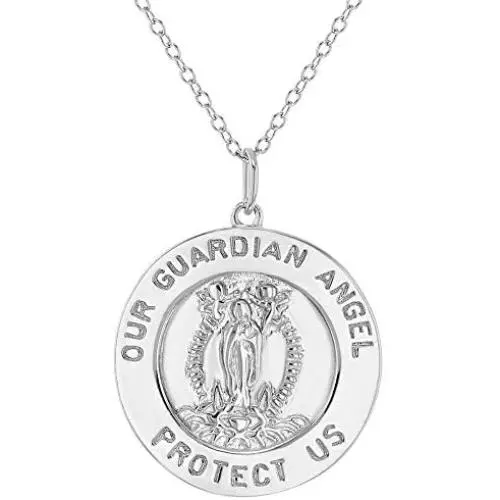 925 Sterling Silver Guardian Angel Round Medal Religious Pendant Necklace 19''