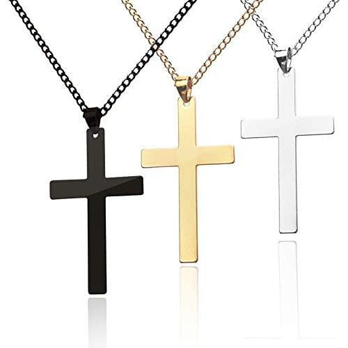 Cross Necklace, 3PACK Stainless Steel Cross Pendant Necklace Adjustable Unisex Cross Charm Mirror Polished Cross Chain Necklace Plain Birthday Valentine Gift for Man & Woman – Silver Black Gold