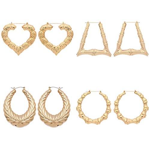 4 Pairs Bamboo Hoop Earrings Set Large Heart Square Geometric Earrings Oversized Gold Hollow Out Bamboo Drop Earrings Set Hip-Pop Jewelry Set Party Costume Accessory for Women Girls