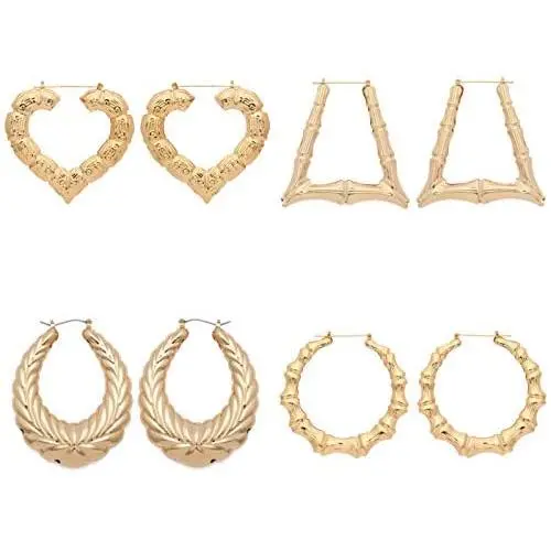 4 Pairs Bamboo Hoop Earrings Set Large Heart Square Geometric Earrings Oversized Gold Hollow Out Bamboo Drop Earrings Set Hip-Pop Jewelry Set Party Costume Accessory for Women Girls 4 Pairs Bamboo Hoop Earrings Set Large Heart Square Geometric Earrings Oversized Gold Hollow Out Bamboo Drop Earrings Set Hip-Pop Jewelry Set Party Costume Accessory for Women Girls