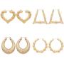 4 Pairs Bamboo Hoop Earrings Set Large Heart Square Geometric Earrings Oversized Gold Hollow Out Bamboo Drop Earrings Set Hip-Pop Jewelry Set Party Costume Accessory for Women Girls