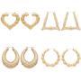 4 Pairs Bamboo Hoop Earrings Set Large Heart Square Geometric Earrings Oversized Gold Hollow Out Bamboo Drop Earrings Set Hip-Pop Jewelry Set Party Costume Accessory for Women Girls