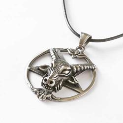 HAQUIL Baphomet Necklace - Stainless Steel, Inverted Pentagram Sabbatic Goat Pendant - PU Leather Cord, 19.7''