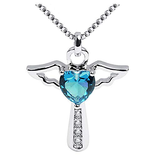 Angel Wings Cross Pendant Necklace Crystal Heart Crucifix Chain Jewelry for Womnen and Girls (Blue)