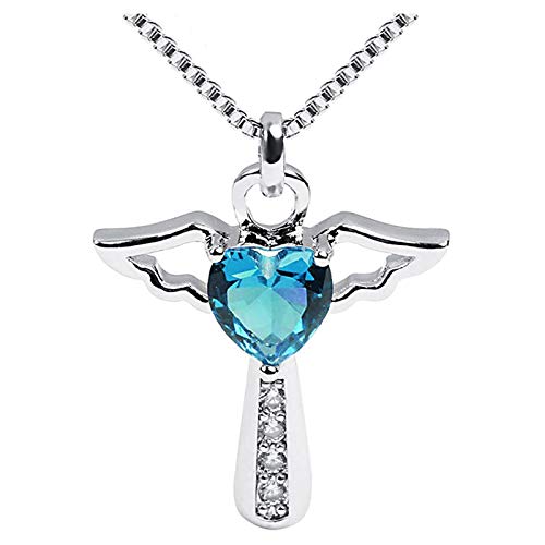 Angel Wings Cross Pendant Necklace Crystal Heart Crucifix Chain Jewelry for Womnen and Girls (Blue)