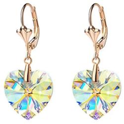 Swarovski Crystal Heart Drop Leverback Earrings for Women Fashion Dangle Earring 14K Rose Gold Plated Hypoallergenic Jewelry