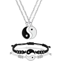 Hicarer Yin Yang Friend or Couple Bracelet with Necklace Set, 2 Pieces Matching Yin Yang Adjustable Cord Bracelet, 2 Pieces Yin Yang Couple Pendant Necklace Chain for Friendship Boyfriend Girlfriend