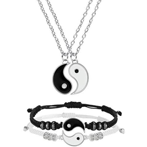 Hicarer Yin Yang Friend or Couple Bracelet with Necklace Set, 2 Pieces Matching Yin Yang Adjustable Cord Bracelet, 2 Pieces Yin Yang Couple Pendant Necklace Chain for Friendship Boyfriend Girlfriend