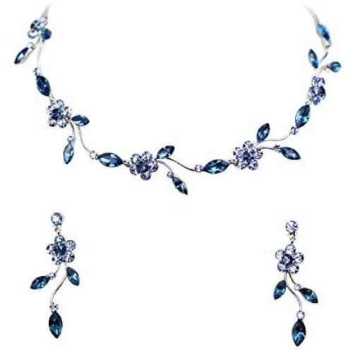 Faship Gorgeous Rhinestone Crystal Floral Necklace Earrings Set