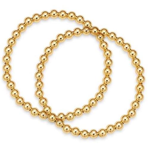 ISAACSONG.DESIGN Women Men Beaded Couple Bracelet, Stainless Steel Gold Bead Ball Stacking Elastic Bracelet Jewelry