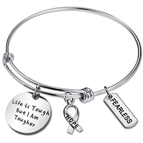 SIDIMELO Cancer Survivor Gift Cancer Fighter Gift Life is Tough But I am Tougher Cancer Awareness Inspirational Daily Reminder Awareness Ribbon Charm Cancer Survivor Bracelet