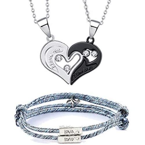 choice of all 4pcs Couple Bracelets Necklaces for Women Men Couple Gift Love Heart CZ Puzzle Matching Necklace Magnetic Couple Bracelets