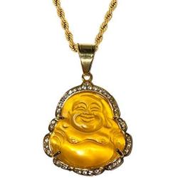 Men Women Jewelry Iced Laughing Yellow Jade Buddha Pendant Necklace Rope Chain Genuine Certified Grade A Jadeite Jade Hand Crafted, Jade Necklace, 14k Gold Over Laughing Jade Buddha Necklace, Yellow Violet Jade Medallion, Fast Prime Shipping