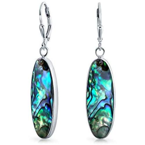Rainbow Abalone Shell Natural Oval Shaped Drop Bezel Set Dangle Leverback Earrings For Women Teen 925 Sterling Silver