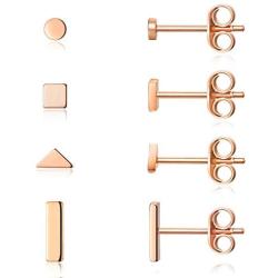 Sterling Silver Stud Earrings for Women Men- 4 Pairs of Hypoallergenic Simple Geometric Small Stud Earring Set Tiny Circle Triangle Square Bar Stud Earrings Mini Cartilage Tragus Earrings