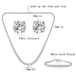 GEMSME 18K White Gold Plated Graduated Round Cubic Zirconia Tennis Necklace/Bracelet/Earrings Sets Pack of 3