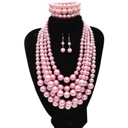 MeliMe Faux Big Pearl Necklace Flapper Beads Pearl Statement Necklace Bracelet and Earrings for Women Mother