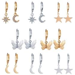 Cute Dainty Moon Star Butterfly Small Circle Huggie Hoop Earrings Crystal Small Lightning Cross Charm Hoop Earrings Set for Women Girl Valentines Day Mothers Day Jewelry