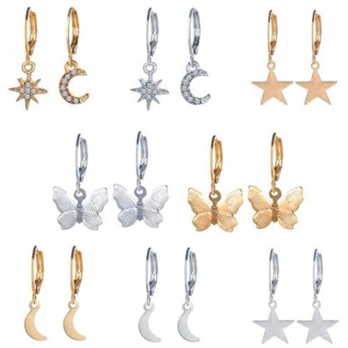 Cute Dainty Moon Star Butterfly Small Circle Huggie Hoop Earrings Crystal Small Lightning Cross Charm Hoop Earrings Set for Women Girl Valentines Day Mothers Day Jewelry