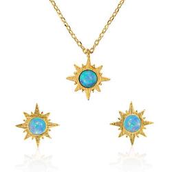 namana Sunburst Opal Necklace and Earrings Set for Women. Dainty Brushed Finish 14 Carat Gold Plated Sun Jewelry for Women Set with Synthetic Opals. Mini Stud Earrings and Necklace with Gift Box