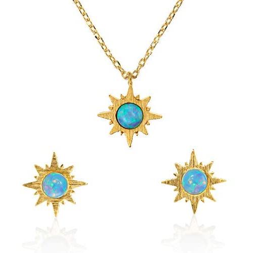 namana Sunburst Opal Necklace and Earrings Set for Women. Dainty Brushed Finish 14 Carat Gold Plated Sun Jewelry for Women Set with Synthetic Opals. Mini Stud Earrings and Necklace with Gift Box
