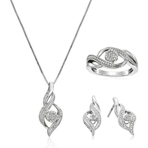 Sterling Silver Diamond Ring Size 7, Earrings, and Pendant Necklace Jewelry Set (1/8 cttw, J-K Color, I2-I3 Clarity)