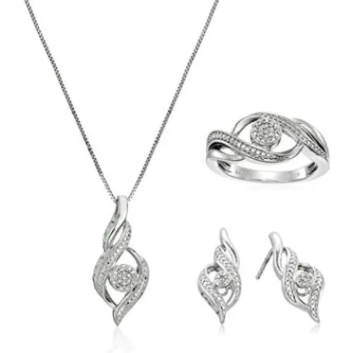 Sterling Silver Diamond Ring Size 7, Earrings, and Pendant Necklace Jewelry Set (1/8 cttw, J-K Color, I2-I3 Clarity)