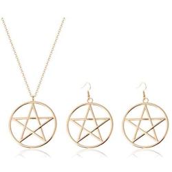 2Pcs Pentacle Pentagram Star Necklace Earrings Set for Women Simple Hollow Star Jewerly