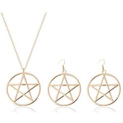 2Pcs Pentacle Pentagram Star Necklace Earrings Set for Women Simple Hollow Star Jewerly