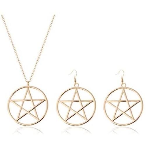 2Pcs Pentacle Pentagram Star Necklace Earrings Set for Women Simple Hollow Star Jewerly