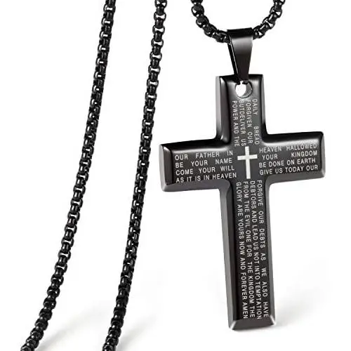 CHOLER Cross Necklace for Men Steel Pendant Lords Prayer Religious Necklace