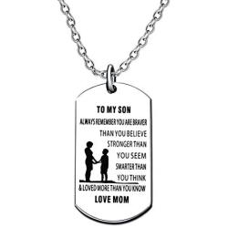 lauhonmin Mother Son Dog Tag Necklace for Men Boy to My Son You are Braver Stronger Smarter Than You Think Love Mom Stainless Steel