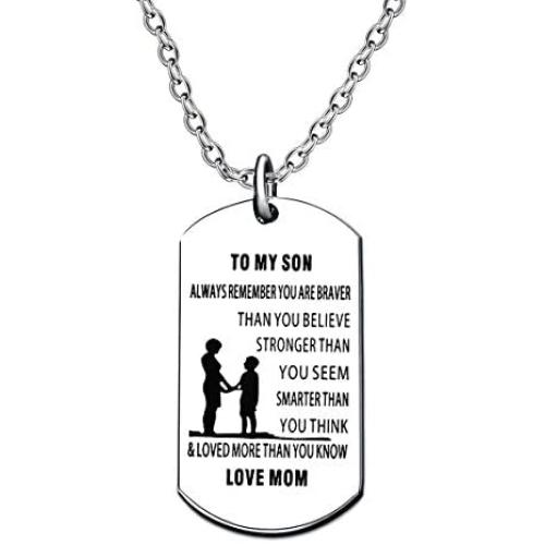 lauhonmin Mother Son Dog Tag Necklace for Men Boy to My Son You are Braver Stronger Smarter Than You Think Love Mom Stainless Steel