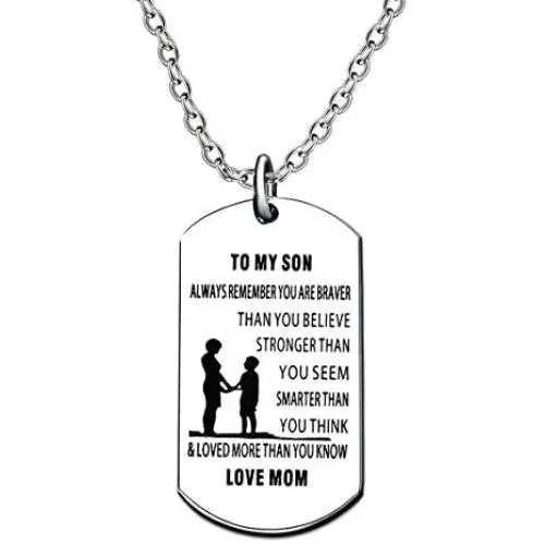 lauhonmin Mother Son Dog Tag Necklace for Men Boy to My Son You are Braver Stronger Smarter Than You Think Love Mom Stainless Steel