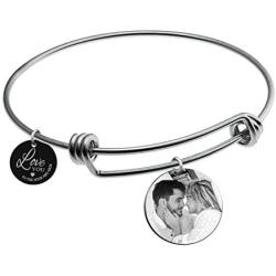 Qina C Personalized Text Message Photo Engraved Custom with Love U to The Moon & Back Love Note Adjustable Wire Bangle Bracelet Anniversary Birthday Gift