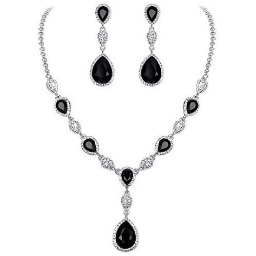 EleQueen Womens Cubic Zirconia Teardrop Y-Necklaces Dangle Earrings Sets for Bride Bridesmaid