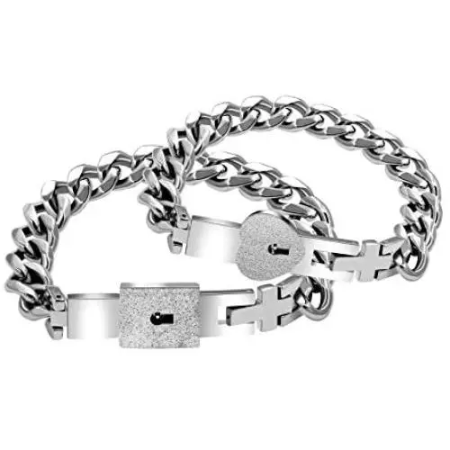 Uloveido Titanium Steel Cuban Chain Bracelets for Couples, His and Hers Square Heart Lock Bangles Matching Jewelry Set Y853