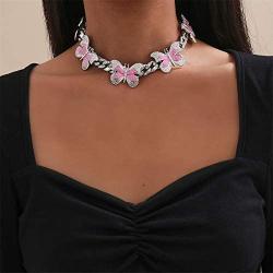Ingemark Hip Hop Colorful Butterfly Choker Necklace Shiny Crystal Cuban Chain Link Necklace for Women Girls Fashion Jewelry