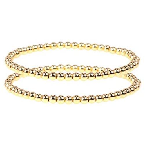 fzbali 3 Pcs Gold Beaded Bracelets, Men Women Elastic Copper Beads Balls Stretch Bracelet Anklet, Fashion Stacking Bracelets Cuff Set Jewelry (6mm+4mm)