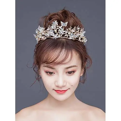 fxmimior Gold Butterfly Bead Bridal Wedding Crown Headband Women Crystal Tiara Headpiece Wedding Hair Accessories for Women fxmimior Gold Butterfly Bead Bridal Wedding Crown Headband Women Crystal Tiara Headpiece Wedding Hair Accessories for Women