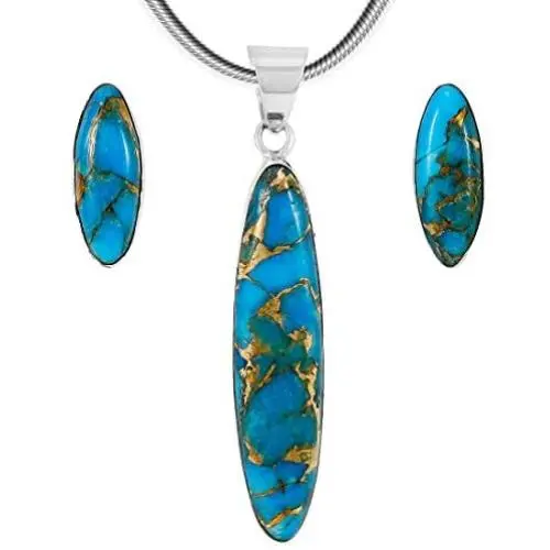 925 Sterling Silver Matching Pendant & Earrings Set Genuine Gemstones 20'' Necklace